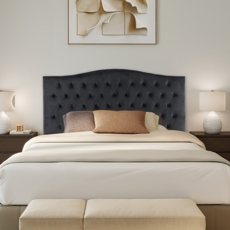 Button-Tufted Upholstered Headboard with Wall-Mount Option, Black Velvet, Full / Queen