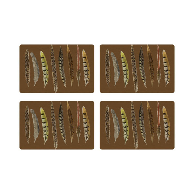 Pheasant Feathers Vegan Leather Rectangle Pebble Placemat, Brown