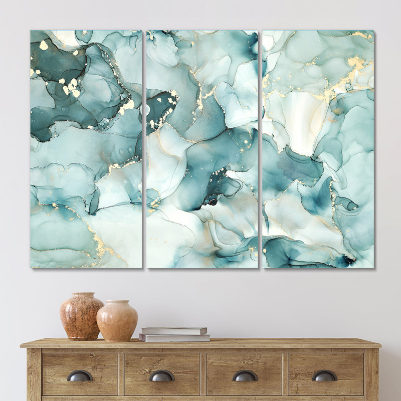 " Blue Luxury Abstract Fluid Art I " 3 - Pieces, 28" H x 36" W x 1" D