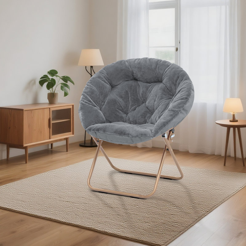 Chaise d'appoint pliante ronde et pliable pour chaise de salle à manger Papasan, Fausse fourrure grise, Bronze, Non