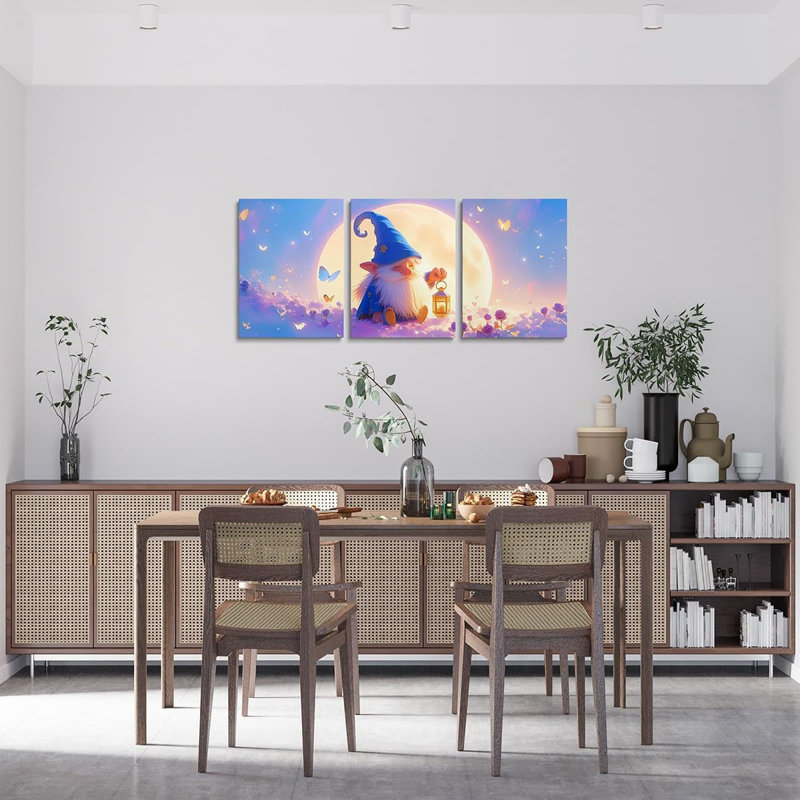 Dreamy Gnome Canvas Wall Art - Fairytale Fantasy Gnomes Poster Prints - Butterfly Decorations Framed Wall Art Wonderland Pictures For Bedroom Living Room 12"X 16"X 3 Panel