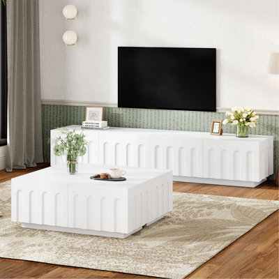 Elegant TV Stand & Coffee Table Set Of 2, Multi-Functional Media Console With Arched Design For Tvs Up To 80", Modern Dual Purpose Center Table With Drawers For Living Room, Bedroom
