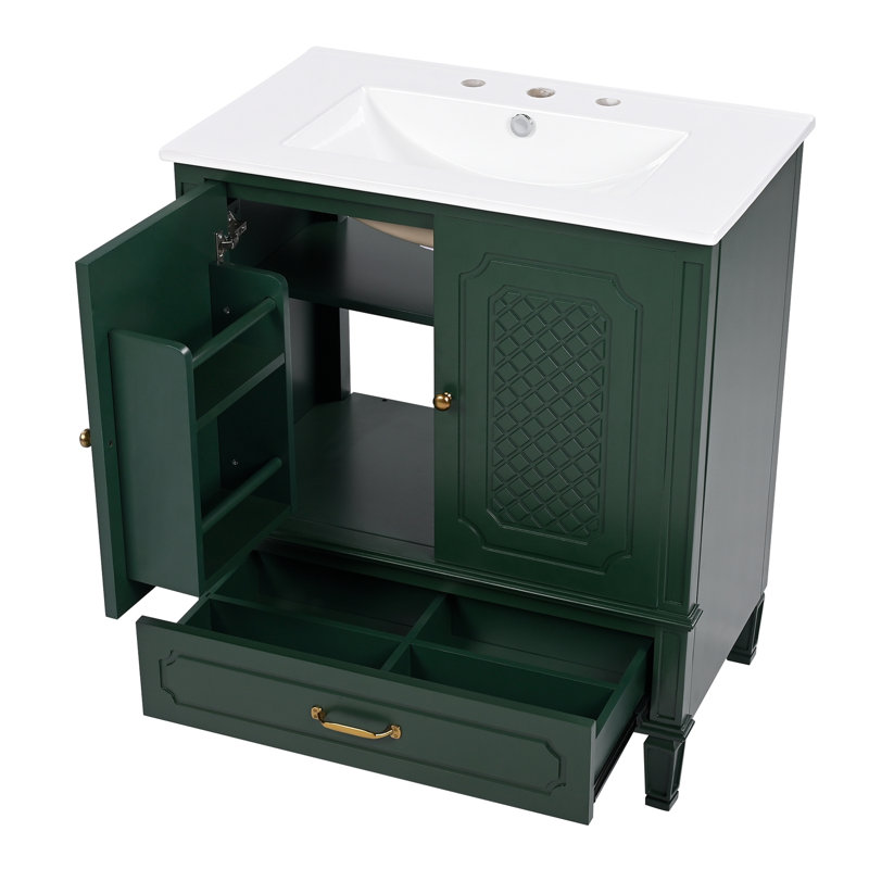 Meuble-lavabo de salle de bain avec lavabo, tiroir et 2 portes à fermeture en douceur, Green