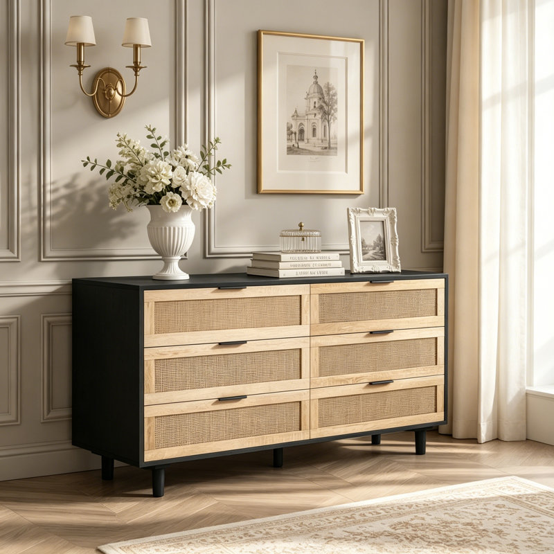 Armoire de rangement en rotin 6 tiroirs, 51.18"W, Black