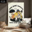 Chats dansant parmi des champignons, «Take More Chances, Dance More Dances», style de dessin animé fantaisiste. Art mural encadré en toile - Cadre en bois massif de 24 po x 36 po et 1 po d'épaisseur pour le salon ou la chambre à coucher