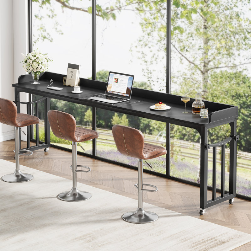 87'' W Height Adjustable Overbed Table With Power Outlet For King Size Bed, Writing Desk, Black