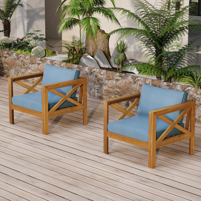 Fauteuil club en bois avec coussins bleus imperméables, finition élégante pour les terrasses extérieures en bois de 2 places assises confortables, patios faciles à assembler