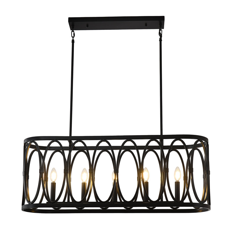 Rustic Metal Oval - Ring 5 - Light Kitchen Island Linear Chandelier, Matte Black