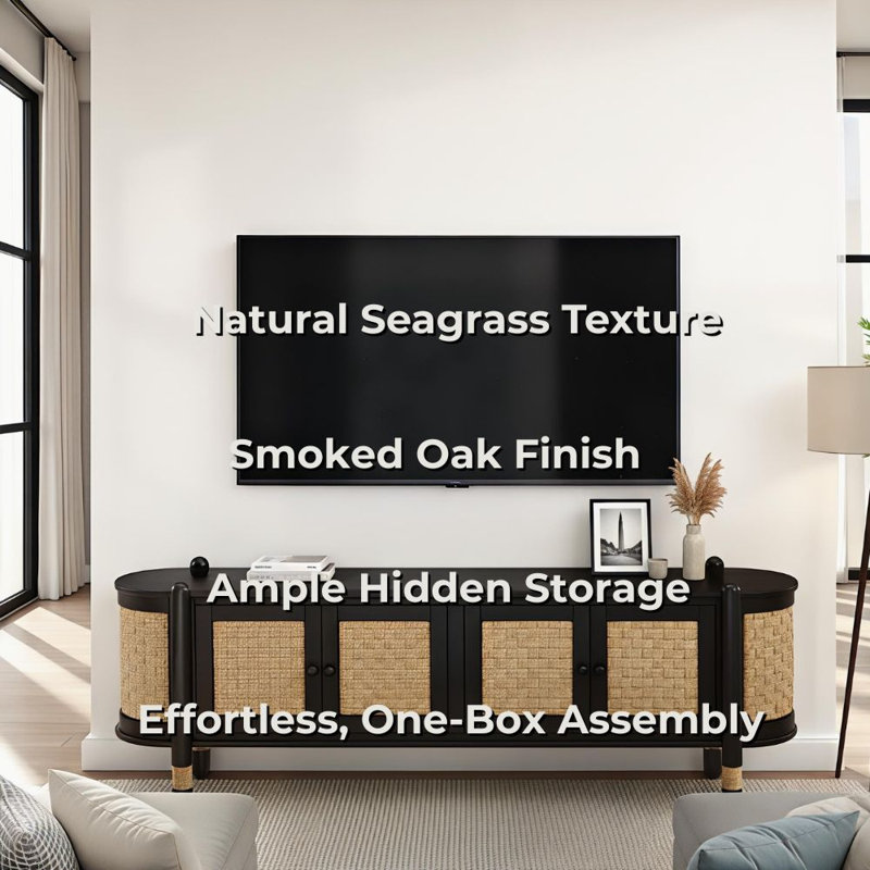 Arnkell Wood And Seagrass TV Stand With Storage, Smoked Oak