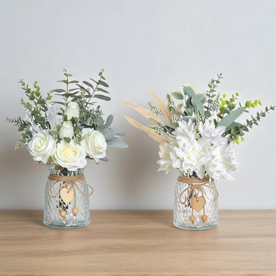 Ensemble de 2 compositions de fleurs blanches artificielles avec vases en verre, plantes artificielles en plastique, hauteur 37 cm, centres de table décoratifs pour chambre ou bureau.