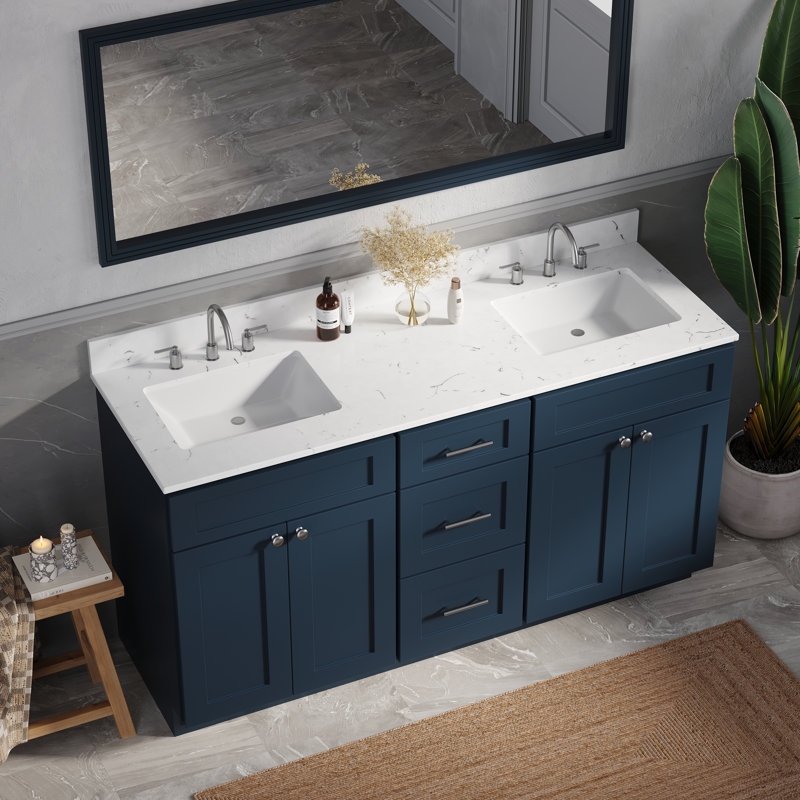 Meuble-lavabo double autoportant 63 po avec plateau en quartz Carrara, 63 po, 3 tiroirs, Bleu