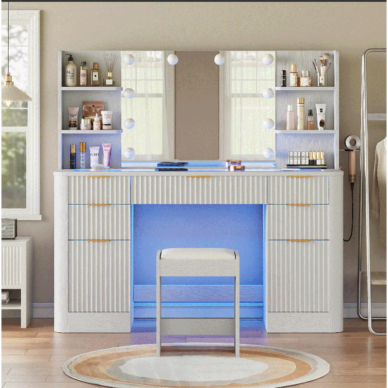 51.8" Fluted Vanitys Desk Set, Large Makeup Table with 360 Color RGB Glass Top, Vanity Desk with 7 Drawers & Power Outlets, for Women and Girls, Bedroom or Dorm, Natural Oak