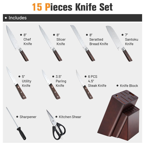 Giantex 15Pcs Kitchen Knife Set with Wooden Block, Chef Knife