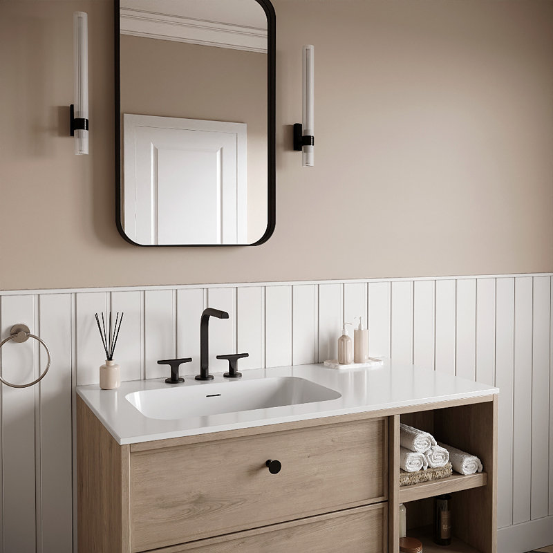 Plan de toilette rectangulaire Streamline GT-1216-42, 107 cm (L) x 56 cm (P), en surface solide blanche brillante, avec lavabo simple.