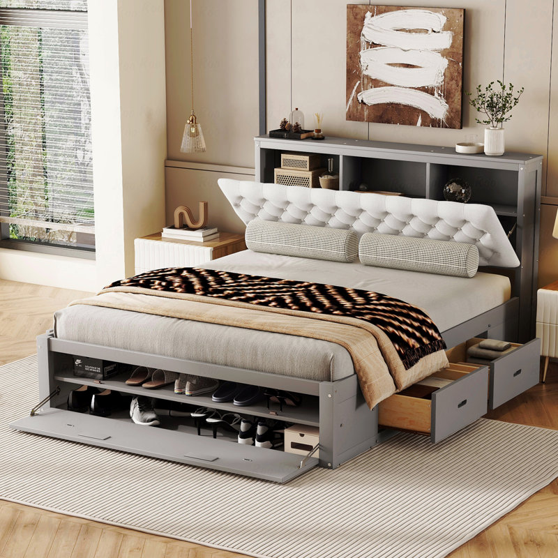 Base de lit plateforme en bois grand, tête de lit, étagère à chaussures, 4 tiroirs, Gris