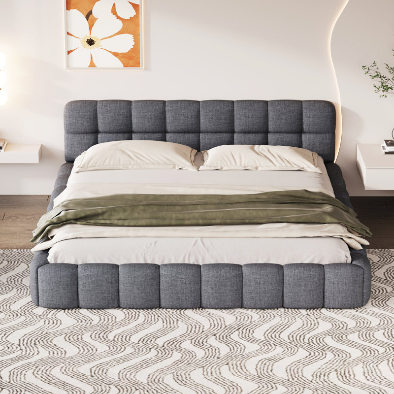 Upholstered Bed with Chunky Padded Headboard, Kingsize (5'), Grey