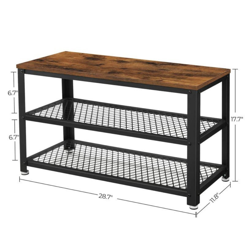 3-Tier Shoe Rack, Shelf Storage Bench With Metal Mesh Shelves And Seat, Free Standing Shoe Organizer For Entryway, 11.8 X 28.7 X 17.7 Inches, Rustic Brown And Black