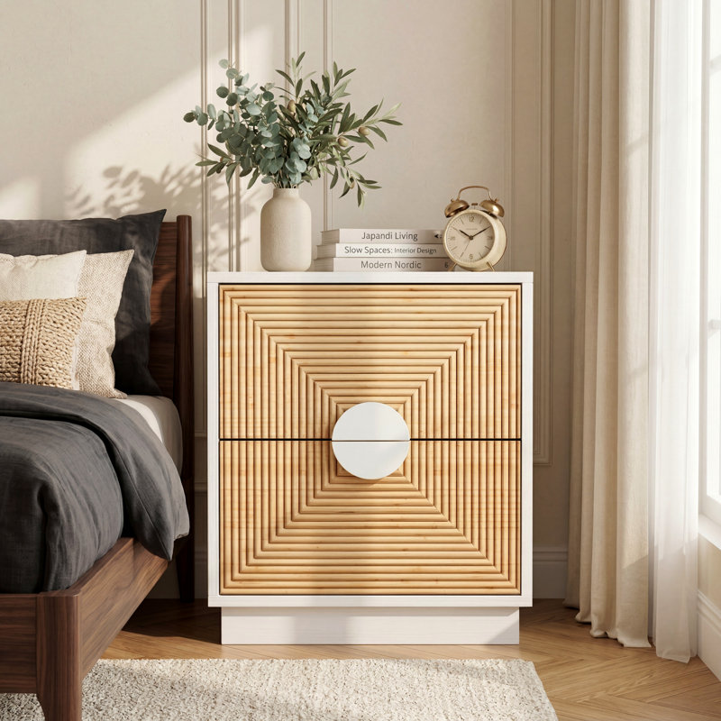 Table de chevet 2 tiroirs Modern Boho avec façade en rotin géométrique et cadre blanc, Blanc, Individuel