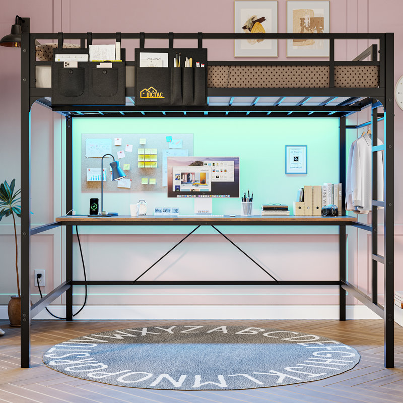 Full Size Loft Bed With Desk And Led Light, Metal Full Size Loft Bed With Power Outlet, Full Size Bed Frame With Upper Bunk, Safety Guard And Ladder, Space Saver,