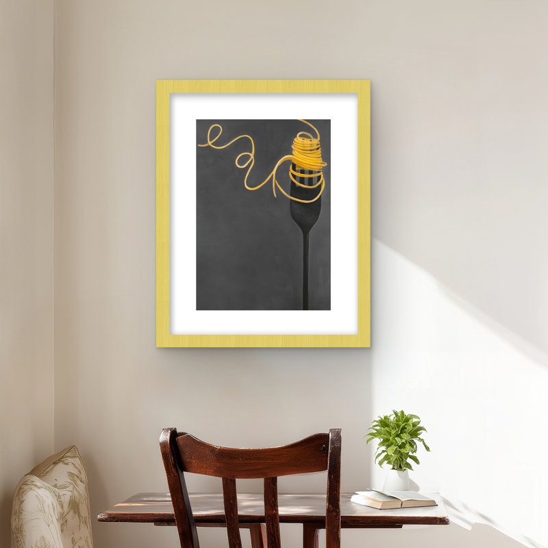 Spaghetti Pasta Around a Fork - Gray Framed Matted Print