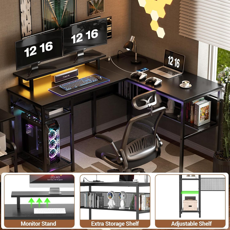 Bureau en L de 55 po Toria avec rangement, prises de courant et bande DEL, Noir / Noir
