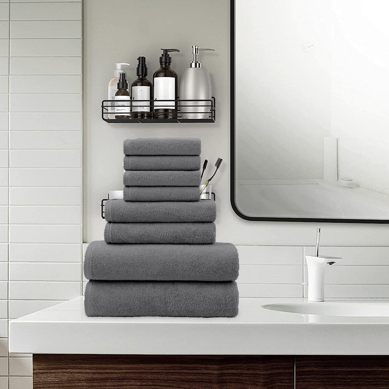 Bath Towels Set of 8 Pieces - Highly Absorbent Towels for Bathroom, 2 Bath Towels, 2 Hand Towels, 4 Washcloths, Dark Gray