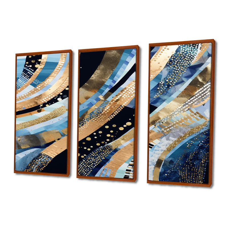 «Summer River Glam Sparkling Gold - Waves», ensemble de reproduction d'art mural, Cadre flottant brun