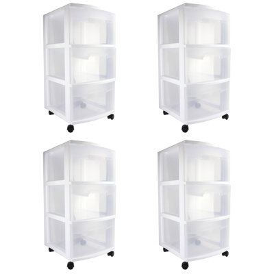 Sterilite 3 Drawer Storage Cart, Plastic Rolling Cart with Wheels to Organize Clothes in Bedroom, Closet