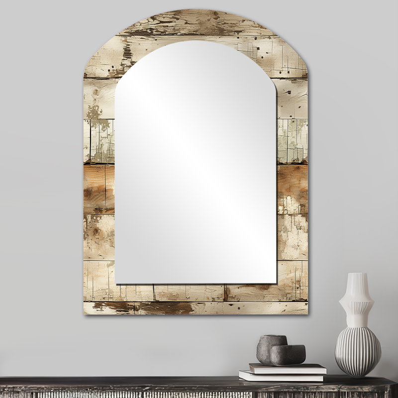 Rustic Farmhouse Weathered Planks - Grand miroir mural arqué sur métal, 34 po x 25 po