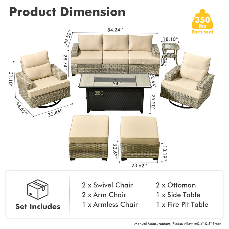 7- Person Rattan Outdoor Seating Group With Swivel Rockers and Fire Pit Table, Beige