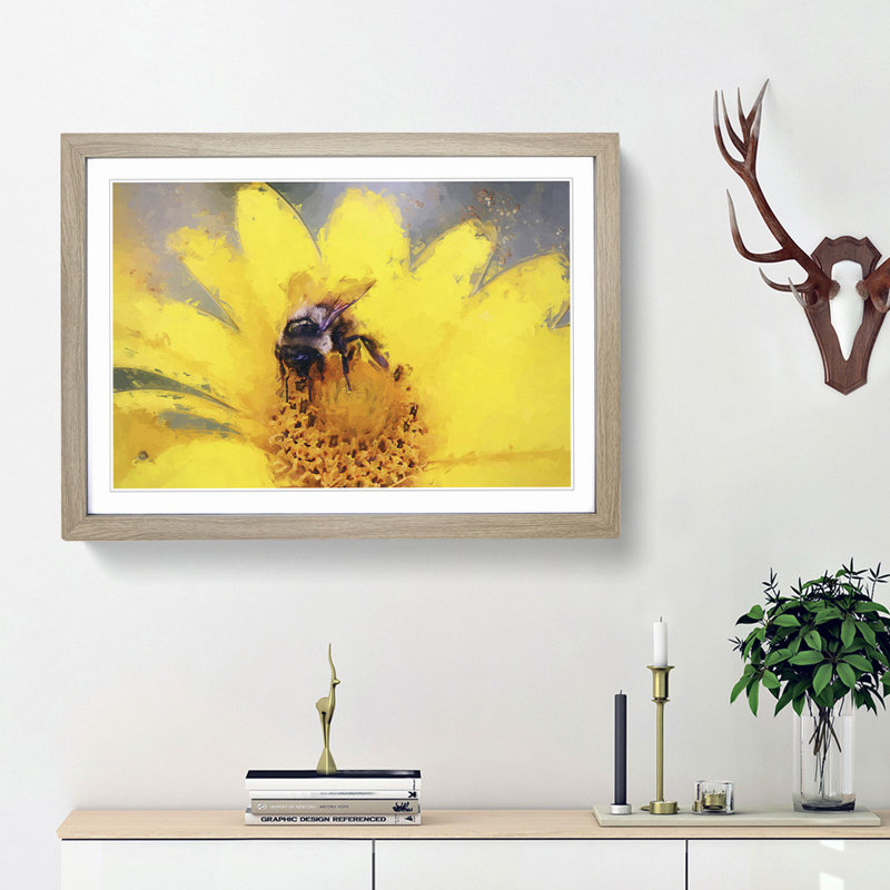Bee Collecting Pollen in Abstract - Picture Frame Painting Print on MDF, 36cm H x 48cm W x 2cm D, Oak Framed