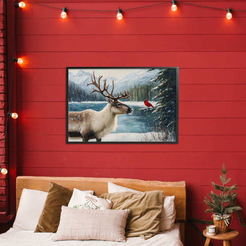 «Christmas Conversation In Wild», dessin de Petal Prints Design, H 16 po x l 24 po, Giclée encadrée noir minuit