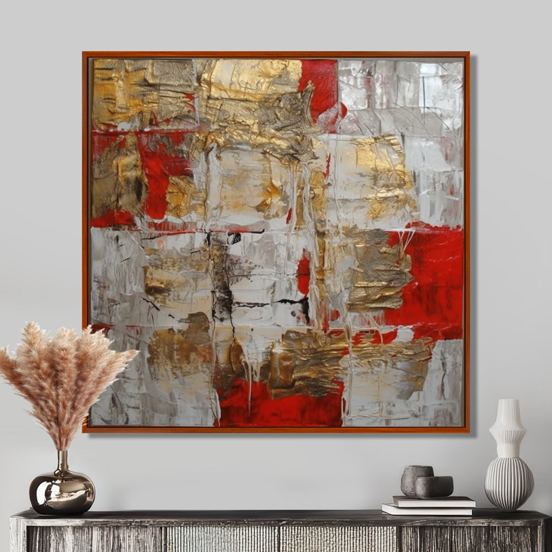 Cardinal Sin Retro Delight, abstrait rouge et or I - Art mural abstrait, H 24 po x l 24 po x P 1 po, Cadre flottant brun