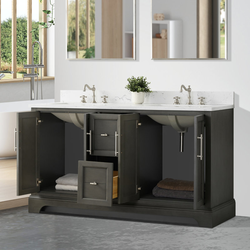 Komarek 60" Freestanding Double Sink Bathroom Vanity with Top, Silver Gray