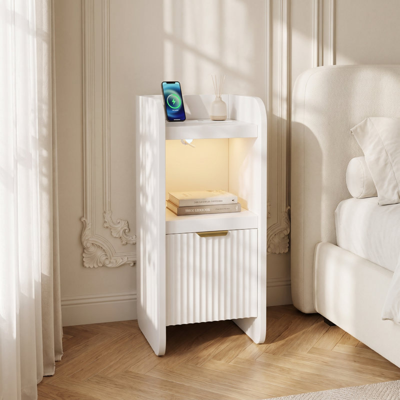 White Fluted Bedside Table Charging Station USB-C Wireless LED 2-Drawer 30x25x60cm Slim Nightstand, Single drawer