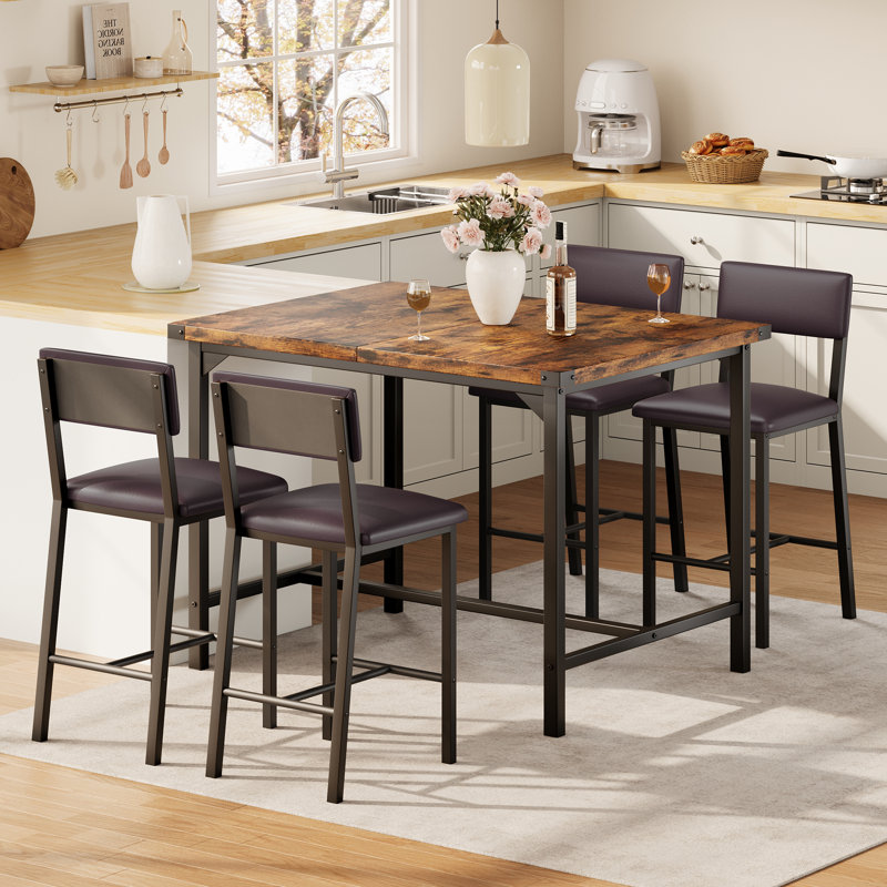 Ensemble table haute de bar 5 pièces pour 4 personnes - Table haute de bar + 4 tabourets de bar rembourrés avec dossier et repose-pieds - Structure métallique compacte, protections d'angle - Brun classique