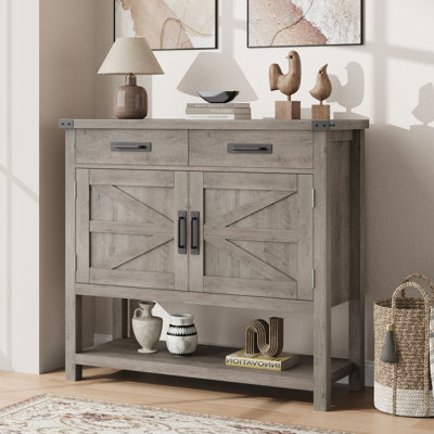 36 Inch Farmhouse Console Table with 2 Drawers, 2-Door Cabinet & Storage Shelf, Modern Wood Sideboard for Entryway, Living Room, Kitchen, or Dining Room, Coffee Bar Table, Grey