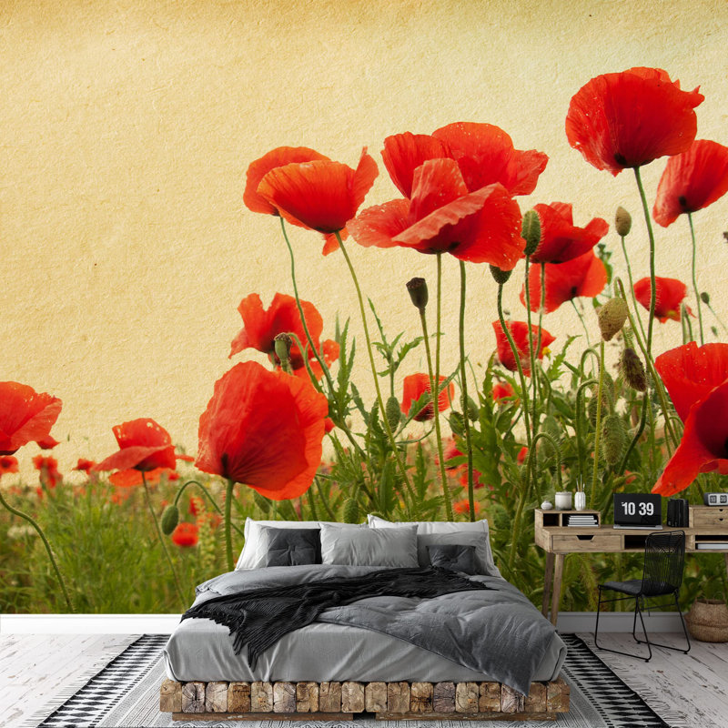 Grand papier peint auto-adhésif champ de coquelicots, L 96 po x l 66 po
