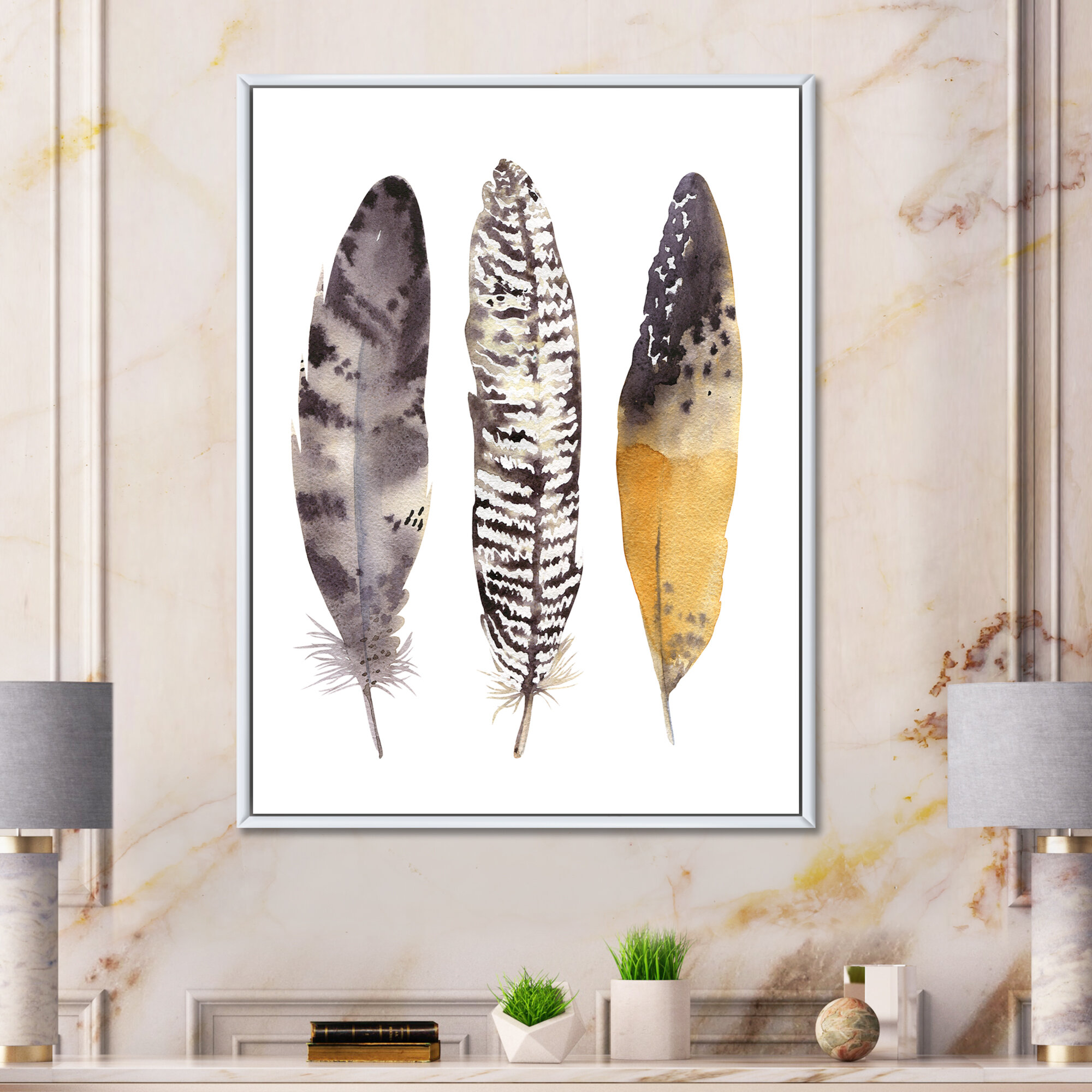 Boho Ethnic Dark Gray Feathers III - Graphic Art on Canvas East Urban Home Format: Black Framed, Size: 32 H x 16 W x 1 D