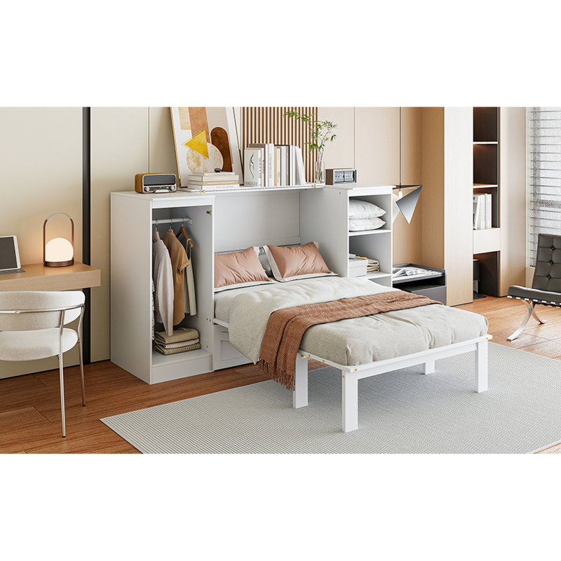 Twin Bed With Bedside Storage And Wardrobe - White, Space Option Shelf Functional Piece