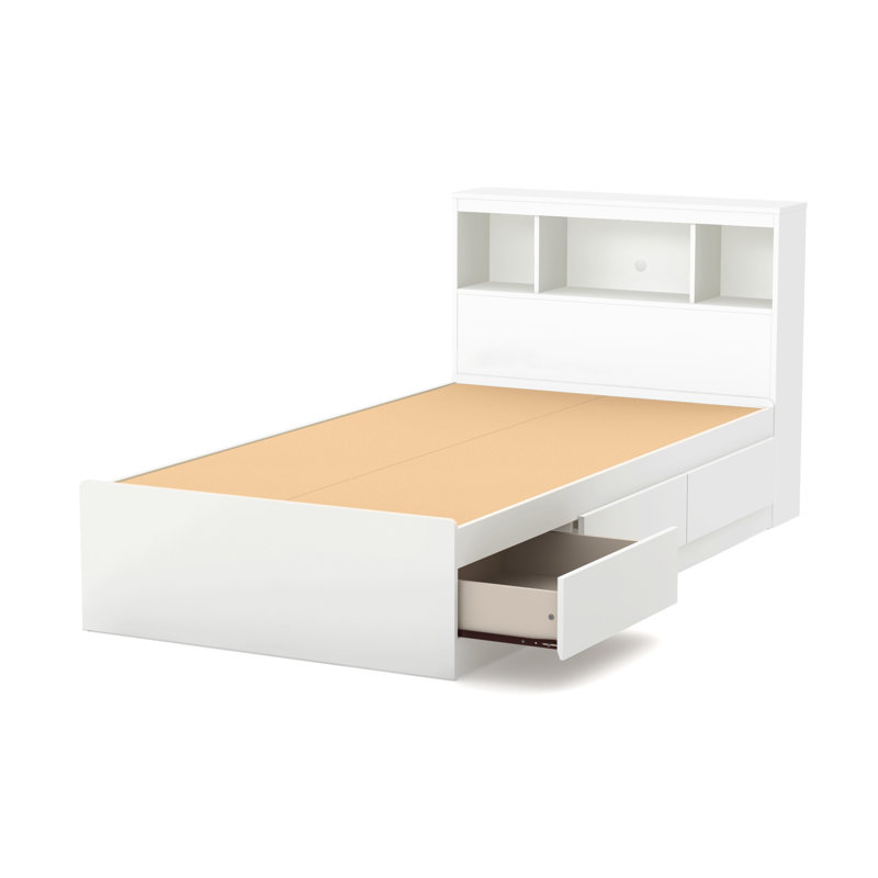 White Twin Platform Bed with Storage and Bookcase Headboard