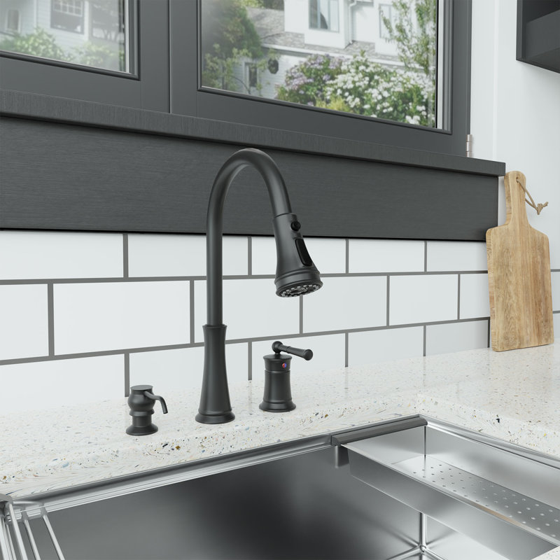 clihome Pull Out and Pull Down Kitchen Faucet with and with Soap Dispenser, Matte Black