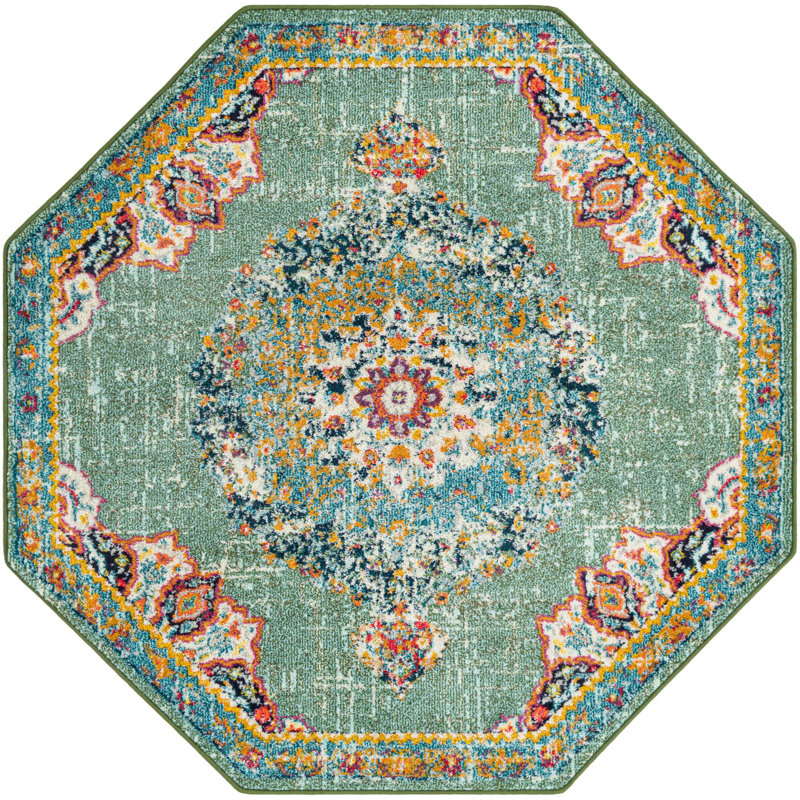 Tapis oriental vert / bleu / rouge en polypropylène tissé à la machine Pennylane, Octogone 7 pi 10 po