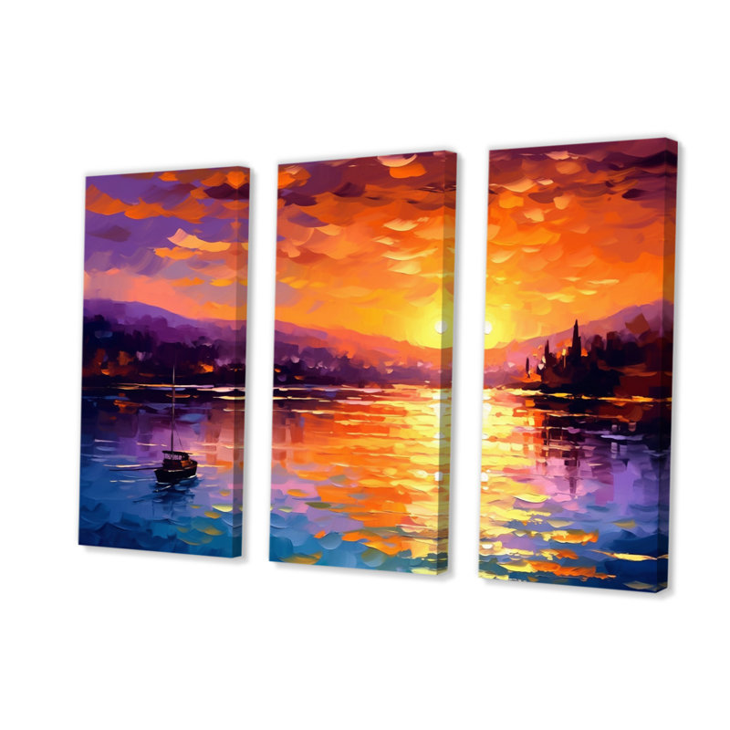 Coucher de soleil avec des reflets colorés III sur toile, 3 pièces, H 28 po x l 36 po x P 1 po