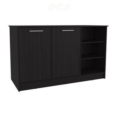 Ginger Kitchen Island, Three Open Shelves, Two Cabinets White / Black, Kitchen Island