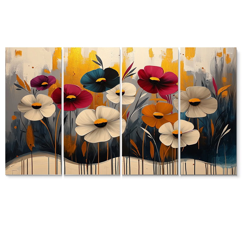 Fleurs rouges rouges et bleuet - Art mural de bleuet - Art mural traditionnel pour le salon, H 28 po x l 48 po, 4