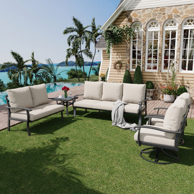 5 PCS Outdoor Metal Conversation Set With 360° Swivel Rocking Chairs, Sofa, Loveseat & Coffee Table For Patio, Garden, Deck Or Poolside by Winston Porter