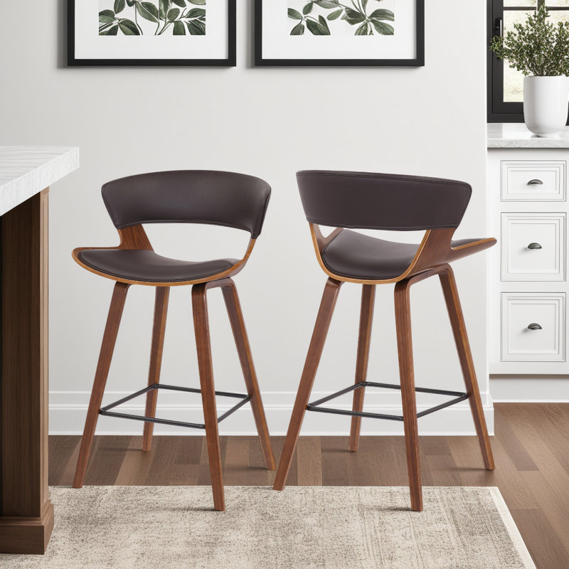 Allon Modern 26" Counter Height Bar Stool with Open Back and Footrest in Wood, Faux Leather, Brown Faux Leather, Walnut