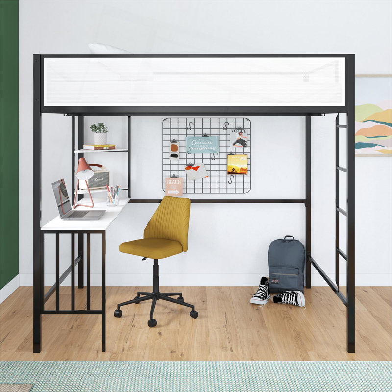 Lit mezzanine double avec bureau et tablettes Axel, Lit double