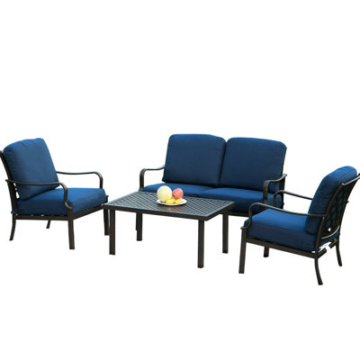 4 chaises de patio et table en métal avec coussins bleus amovibles pour le jardin, 4 pièces, coussins moelleux, pour une utilisation intérieure et extérieure